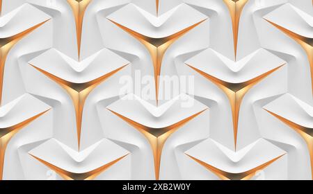 Futuristic 3d gray and white leather panels with gold scuffs on the edges of a three-pointed star at the base of the shape High quality seamless textu Stock Photo