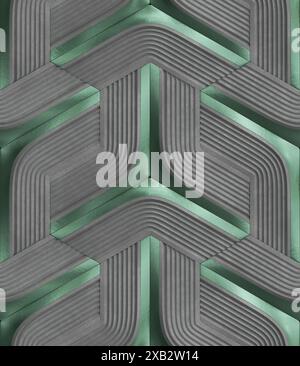 This is a digital image featuring interlocking 3D shapes in muted green and gray tones, perfect for modern and abstract design projects Stock Photo
