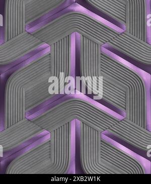 A visually captivating image showcasing a three-dimensional design of interlocking geometric patterns, rendered in varying shades of purple and gray T Stock Photo