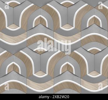 Geometric seamless 3D pattern in gray with white and wood elements Centric series 3d illustration Stock Photo