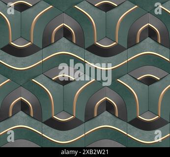 Geometric seamless 3D pattern in green with gold and black elements Centric series, 3d illustration Stock Photo