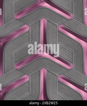 A modern 3D wall panel featuring an intricate geometric pattern with alternating layers of purple and gray lines, creating a visually striking texture Stock Photo