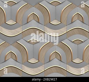 Geometric seamless 3D pattern in gray with gold and wood elements Centric series 3d illustration Stock Photo
