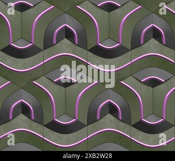 Seamless pattern featuring green and black tiles with flowing pink lines, perfect for modern designs 3d illustration Stock Photo