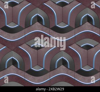 A tiled image featuring a repetitive geometric pattern with arcs and striped elements in varying shades of brown and blue, ideal for background or wal Stock Photo