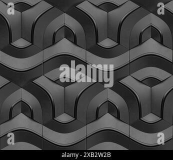Geometric seamless 3D pattern in black with glossy black elements Centric series 3d illustration Stock Photo