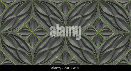 Elegant 3D wallpaper featuring symmetrical, heart-shaped flower motifs in shades of grey with subtle green highlights Each floral element interlocks t Stock Photo