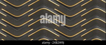 Seamless design featuring alternating black and golden wavy stripes creating a visually striking, 3D effect Stock Photo