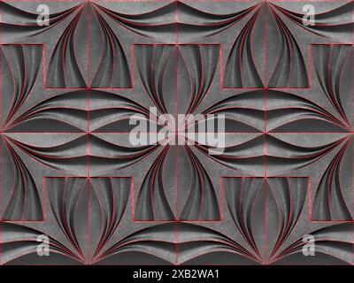 This image features a seamless 3D wallpaper design with symmetrical floral heart shapes in dark shades with red accents, suitable for elegant and mode Stock Photo