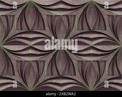 This intricate wallpaper features a 3D heart-shaped floral motif in rich shades of purple and green, creating a luxurious and sophisticated decorative Stock Photo