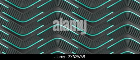 3D Wallpaper in the form of black relief modules with teal color scuffs on the edges and decorate elements High quality seamless realistic texture Stock Photo