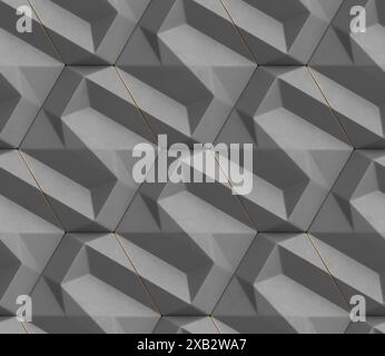 A close-up image depicting a repeating abstract geometric pattern in shades of gray with subtle golden lines accentuating the 3D effect and creating d Stock Photo