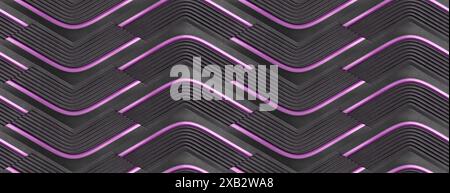 A dynamic abstract 3D design showcasing layered geometric shapes in black and purple tones, creating a modern and stylish pattern that conveys motion Stock Photo