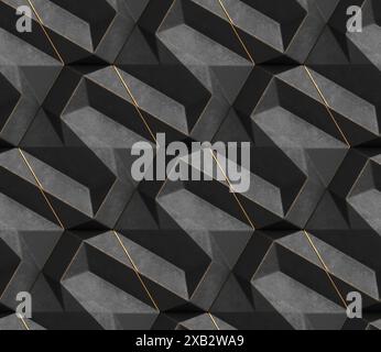 This image features a unique abstract 3D geometric pattern composed of dark gray shapes with striking gold lines that divide them, creating an elegant Stock Photo