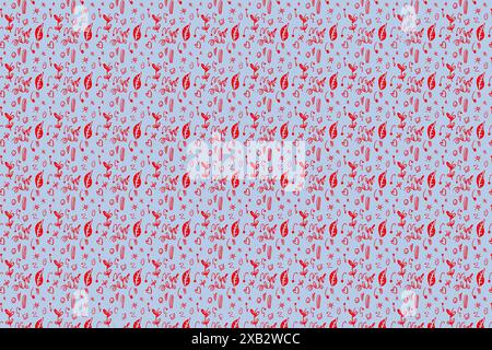 A seamless pattern featuring red floral designs, leaves, and various small symbols on a clear background This intricate design is perfect for textiles Stock Photo