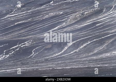 A view of intricate sand textures formed on a highland landscape, showcasing natural patterns and lines created by wind and erosion Stock Photo