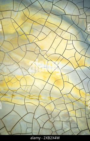 An intricate photograph capturing the mesmerizing abstract patterns of cracked earth in Riotinto, Huelva, Spain, highlighting delicate hues of yellow Stock Photo