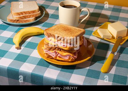 Sandwich on a yellow plate accompanies a cup of coffee, butter on a small plate, and a fresh banana, all arranged on a blue and white checkered blue t Stock Photo