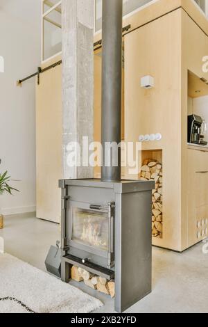 A sleek wood-burning stove sits in a contemporary interior with polished concrete columns, light wood cupboards, and a cozy rug. Stock Photo