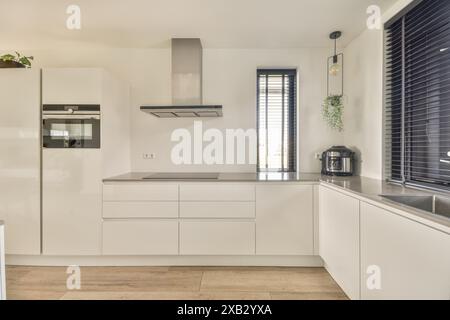 This image showcases a contemporary kitchen with a minimalist white décor, featuring sleek cabinetry, stainless steel appliances, and natural light fl Stock Photo
