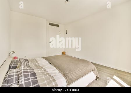 A bright minimalist bedroom with a cozy double bed, plaid bedding, and simple decor, highlighting spacious and modern interior design. Stock Photo