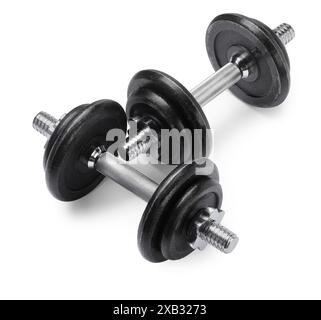 Metal dumbbells isolated on white. Sports equipment Stock Photo