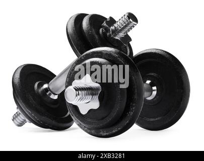 Metal dumbbells isolated on white. Sports equipment Stock Photo