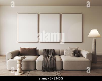 Modern sofa in minimalist living room with blank frames on wall, creating clean and elegant space Stock Photo