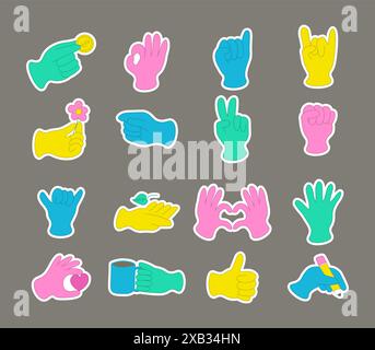 Set of hands abstract drawn comic. Multicolored different signs and symbols. Retro trendy Y2K.  Sticker pack. Vector illustration Stock Vector