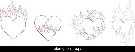 Outline burning heart icon set. Heart silhouette with fire, blazing love pictogram. Vector illustration Stock Vector