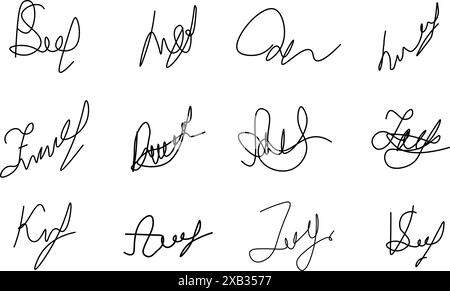 Fake manual signature for documents. Handwritten autograph set. Scrawl signature. Vector illustration Stock Vector