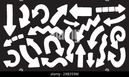 Hand drawn chalked arrows icons set. Free from different curved lines, swirls arrows. Doodle marker drawing, direction pointers. Vector Stock Vector