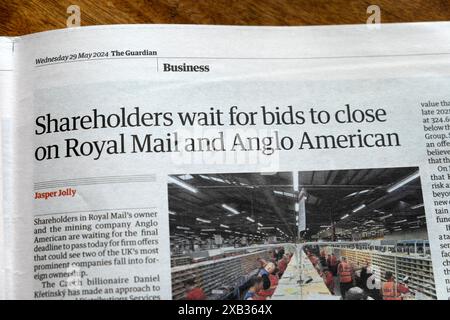 'Shareholders wait for bids to close on Royal Mail and Anglo American' Guardian newspaper headline company takeover article 29 May 2024 London  UK Stock Photo