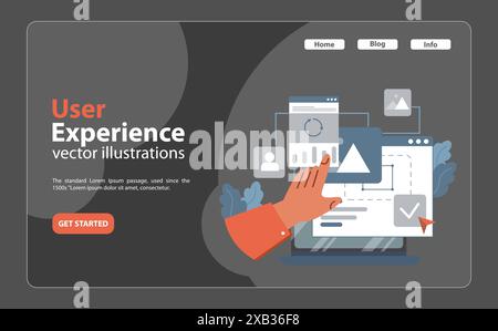 Wireframe Development concept. Designer's hand crafting a responsive website layout, emphasizing essential elements and visual hierarchy. Ensuring user-centric design. Flat vector illustration Stock Vector