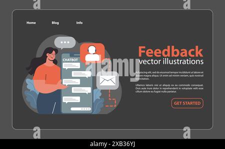 Feedback in digital communication concept. Woman interacts with chatbot while sharing opinions. Efficient customer service meets user experience. Flat vector illustration Stock Vector