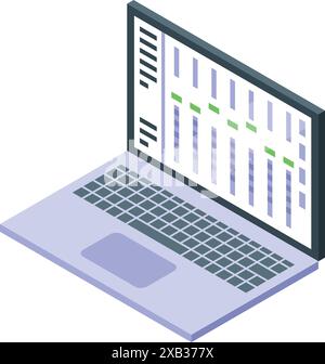 Isometric laptop showing spreadsheet with growing chart on screen, business analysis concept Stock Vector