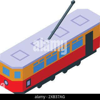 Illustration of a red and yellow tram travelling through a city center, in isometric view Stock Vector