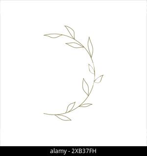 Monochrome curved olive tree branch with leaves hand drawn line art decor element for design vector illustration. Natural twig botanical organic plant Stock Vector