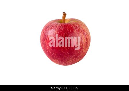 Red apple isolated on white. Whole ripe fruit with stalk. Healthy food and source of fiber and vitamins. Stock Photo