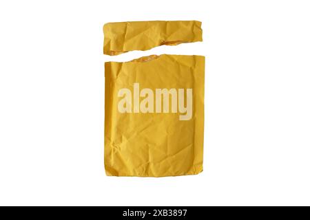 Opened postal bubble envelope isolated on white. Yellow disrupted mail package. Postal unpacking. Stock Photo