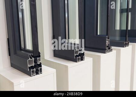 Modern aluminum profile for window, doors in the dealer's exhibition hall. Industry Stock Photo