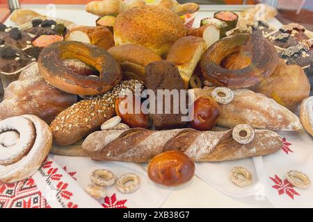 Ukrainian embroidery freshly baked bread and various baked goods. Food Stock Photo