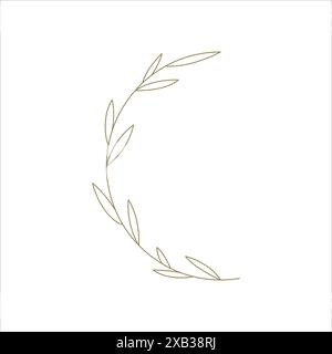 Curved olive tree branch with leaves golden monochrome line art decor element for logo vector illustration. Elegant beautiful botanical greenery plant Stock Vector