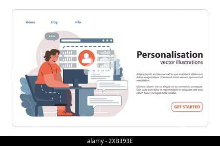 Personalisation in digital platform concept. Woman at computer adjusts user profile settings on a webpage, enhancing tailored content delivery. Individual user experience focus. vector illustration Stock Vector