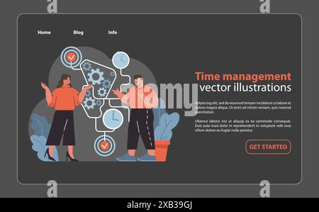 Effective Time Management Strategies set. Project managers coordinate tasks and deadlines, ensuring workflow efficiency. Flat vector illustration. Stock Vector