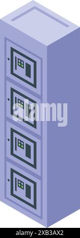 Server rack with multiple servers, each with a green light indicating it is powered on and functioning Stock Vector