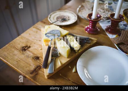 High angle view of cheeseboard on table Stock Photo