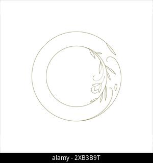 Elegant blossom floral circle frame monochrome line art decorative element for logo vector illustration. Minimalist round border with flower leaves or Stock Vector