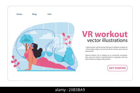 Immerse in a serene VR workout experience, where virtual landscapes meet physical fitness, depicted in a vibrant vector illustration of a woman practicing yoga amidst digital nature. Stock Vector