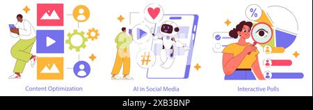 Digital Strategy set. Content optimization, AI in social media engagement, interactive polls analysis. Modern marketing techniques explored. Vector illustration. Stock Vector
